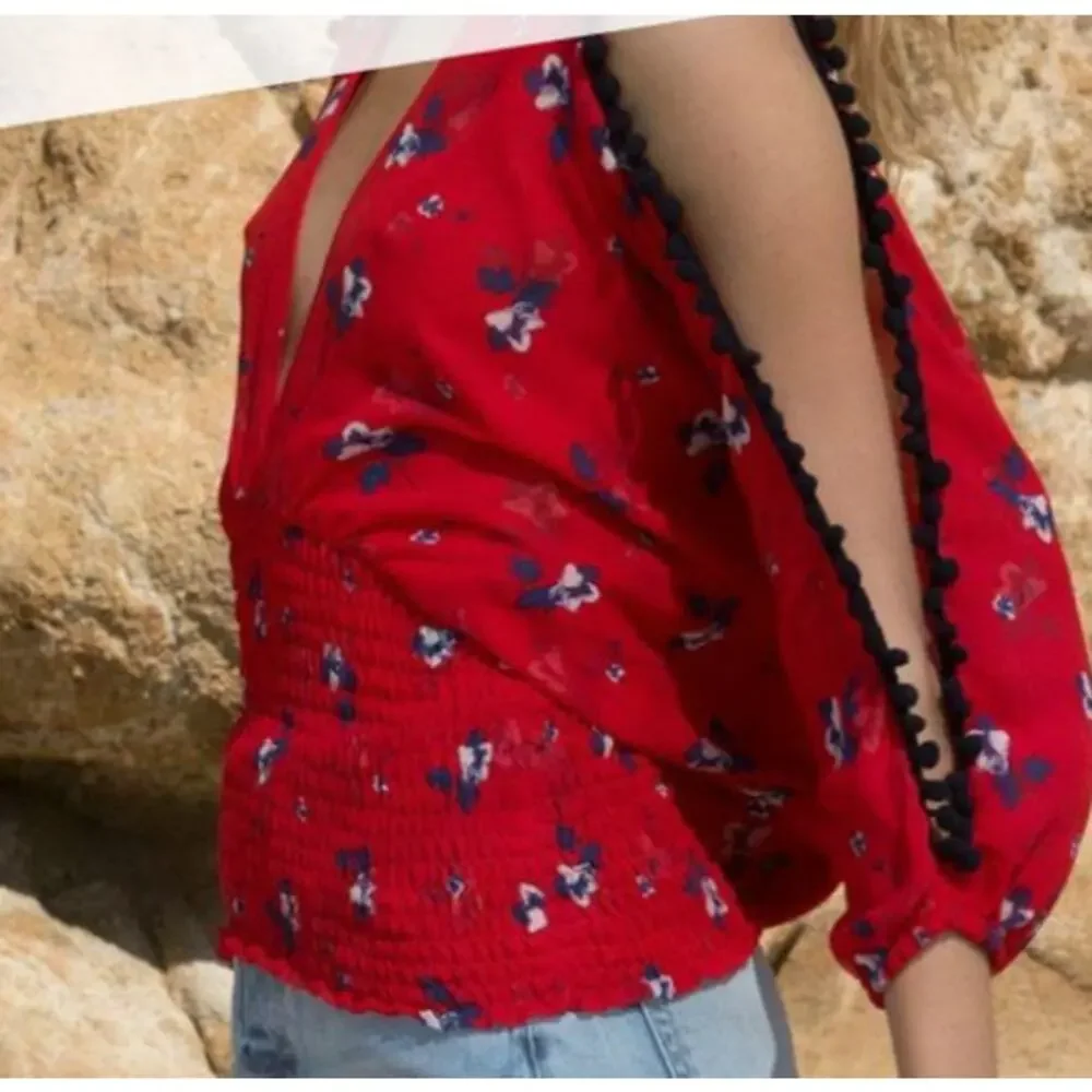 Misa Floral Print Smocked Blouse Long Sleeve Red/Blue Size Medium NWT